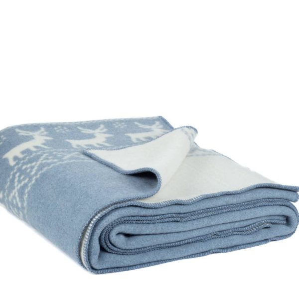 Merino wool bed blanket REINDEER – double – blue/white