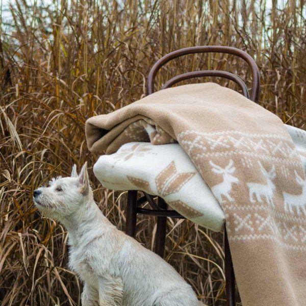 Merino wool bed blanket REINDEER – double – beige & white