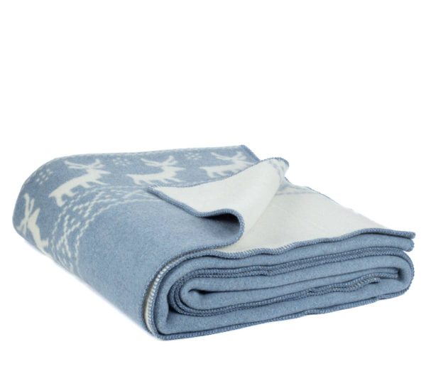 Merino wool bed blanket REINDEER – double – blue & white