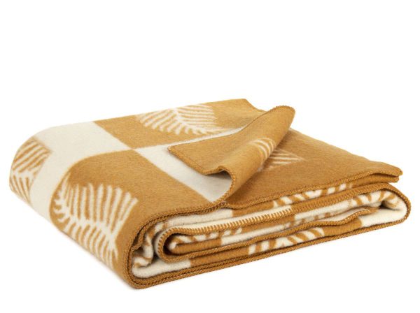 Merino wool bed blanket LEAF – double – ochre , white