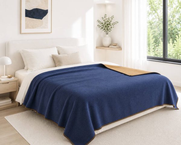 Merino wool bed blanket AEGEAN – double – blue & yellow